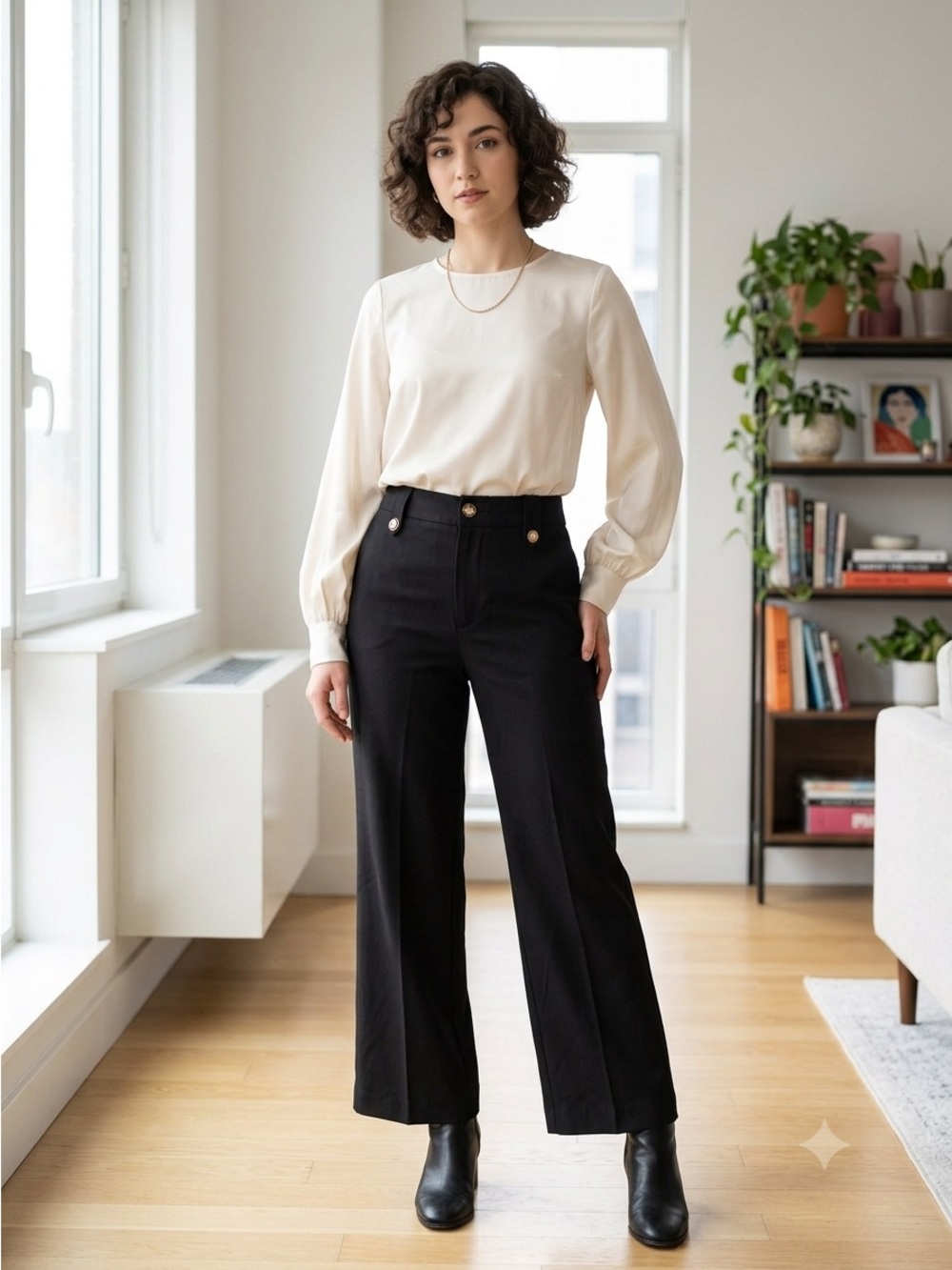 High-Rise Black Wide-Leg Pants with Gold Button Detail